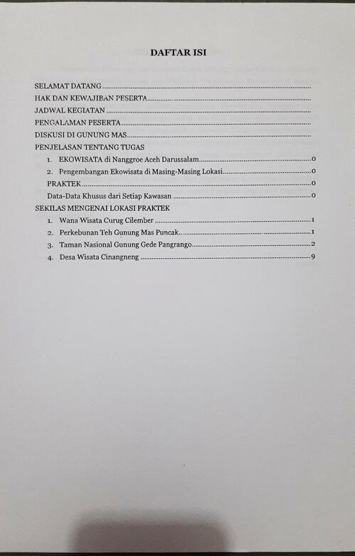 Daftar isi Pelatihan Perencanaan Ekowisata Propinsi Nanggroe Aceh Darussalam